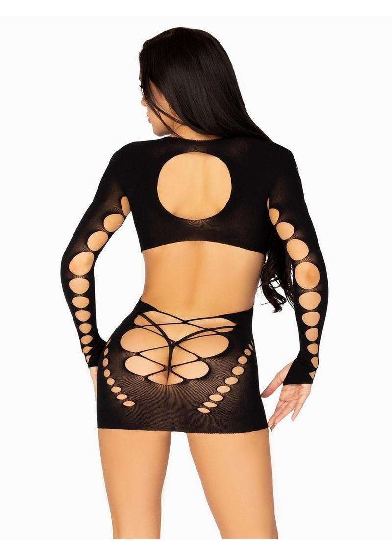 Leg Avenue Seamless Cut Out Long Sleeve Mini Dress with Faux Lace-Up Detail - Black - One Size