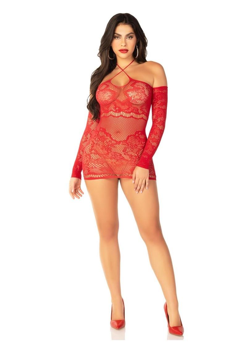 Leg Avenue Seamless Lace Net Off The Shoulder Mini Dress with Twist Halter Strap - Red - One Size