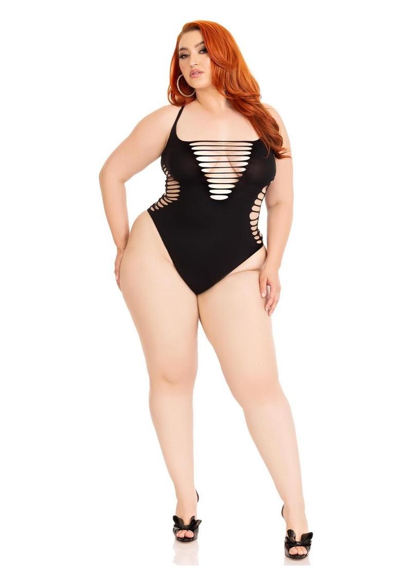 Leg Avenue Seamless Shredded Racer Back Thong Bodysuit - 1x-2x - Black
