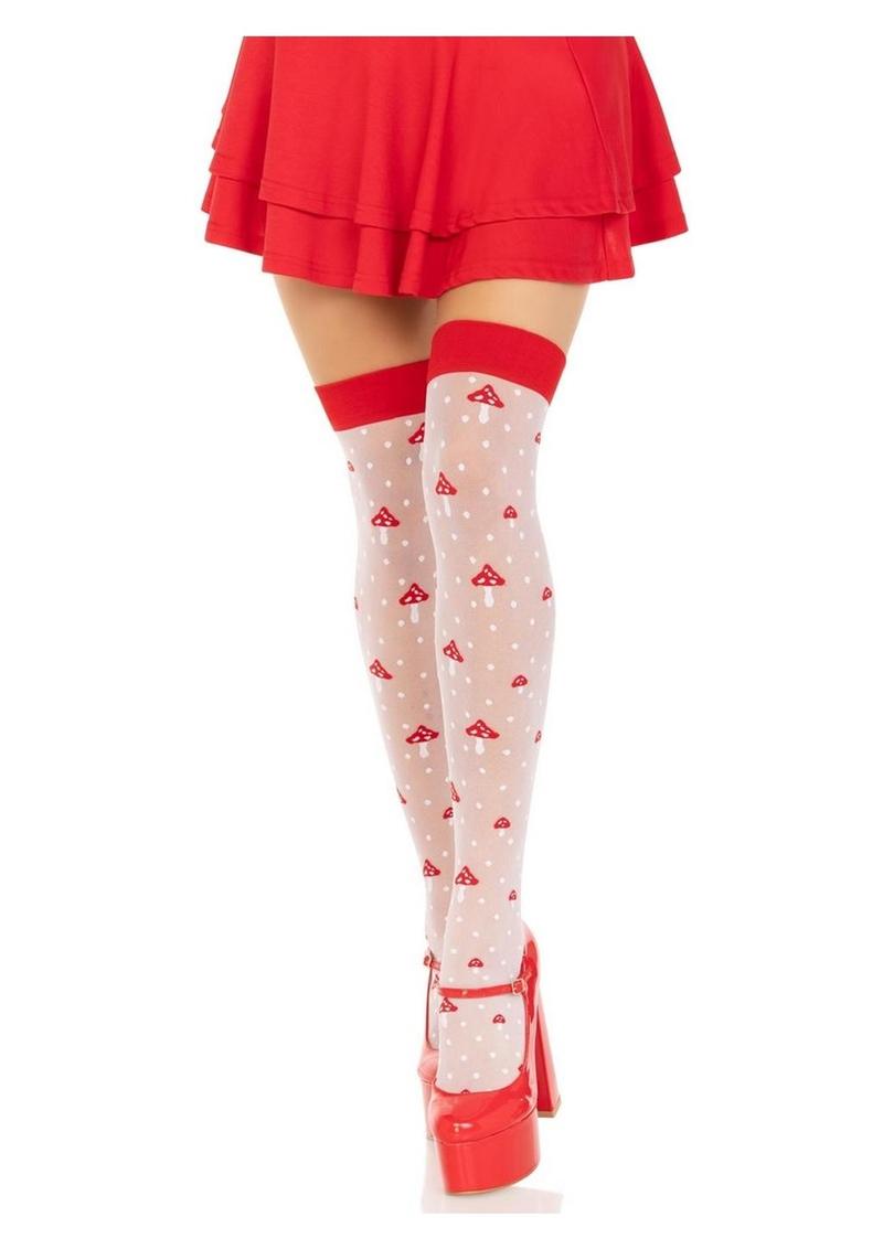 Leg Avenue Spandex Sheer Polka Dot Mushroom Thigh Highs - Red/White - One Size