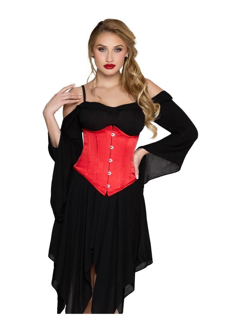Leg Avenue Steel Boned Satin Waist Cincher with Full Busk Closer and Lace-Up Back - Red - Medium