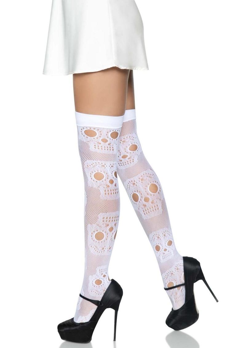 Leg Avenue Sugar Skull Net Thigh Highs - White - One Size