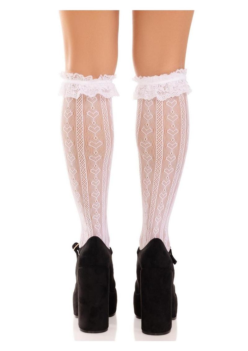 Leg Avenue Sweetheart Knit Knee Highs with Lace Ruffle Cuff - White - One Size