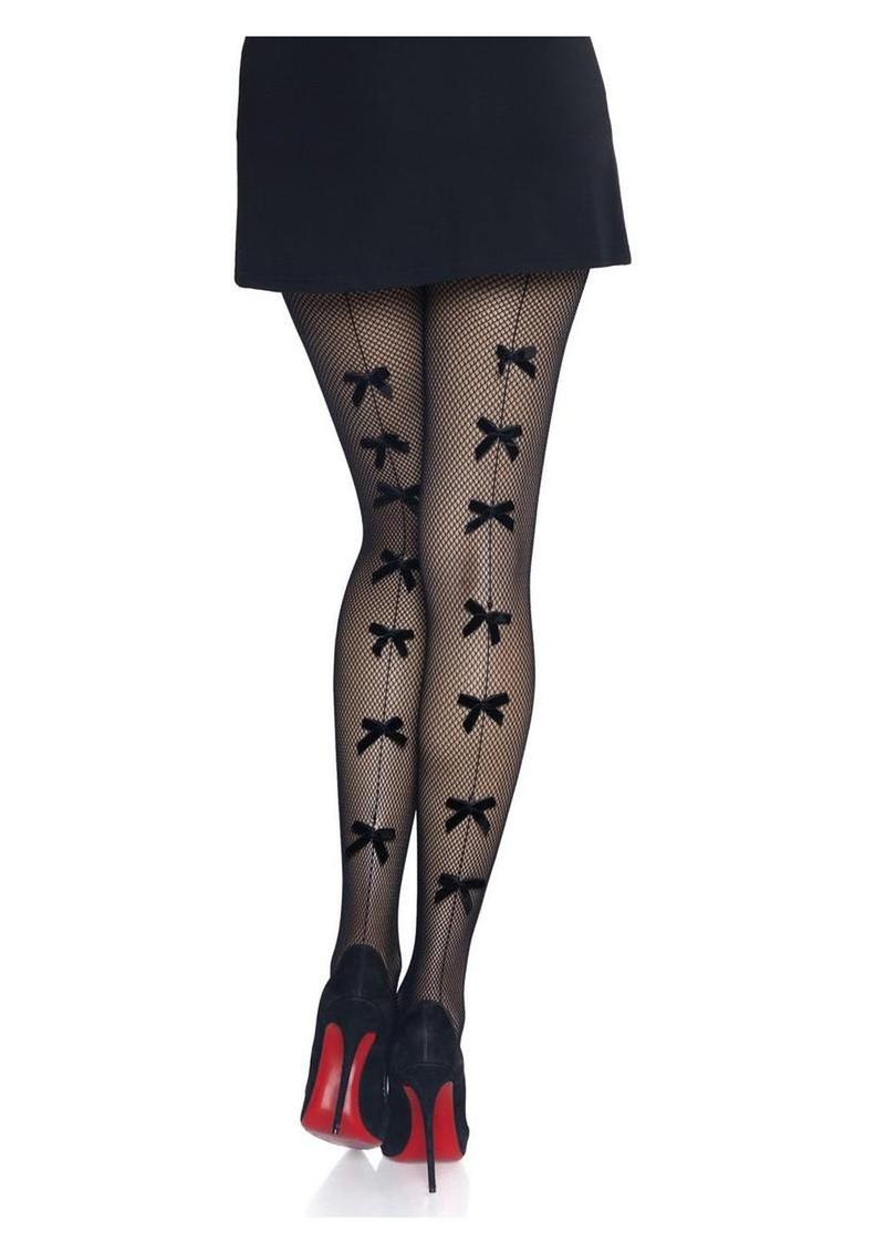 Leg Avenue Velvet Bow Backseam Fishnet Tights - Black - One Size