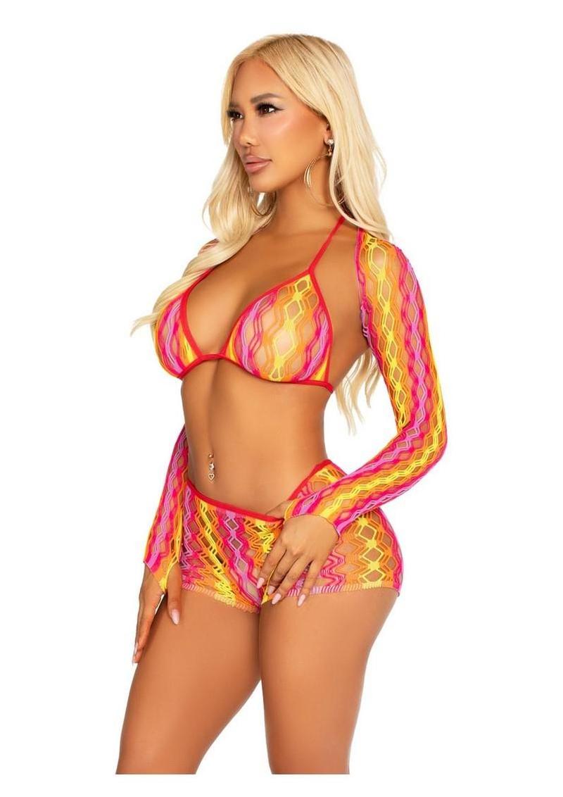 Leg Avenue Zig Zag Net Bikini Top, Boyshorts, and Shrug - Multicolor - One Size