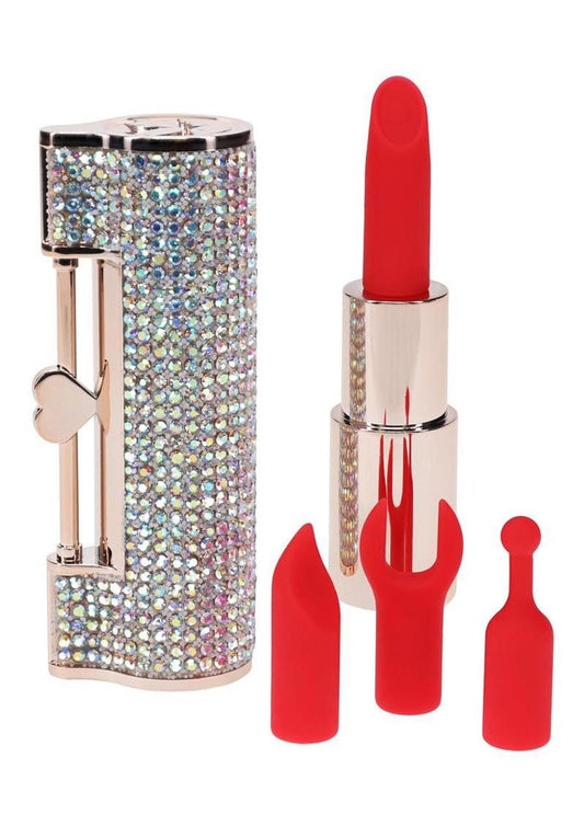 Loveline Diamond Lipstick Rechargeable Silicone Vibrator with Interchangeable Heads - Multicolor/Rainbow