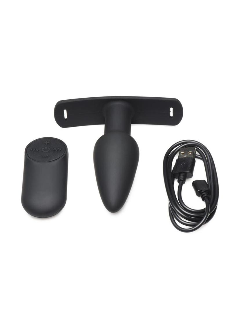 Master Series Bum-Tastic 28x Rechargeable Silicone Anal Plug with Harness and Remote Control - Black