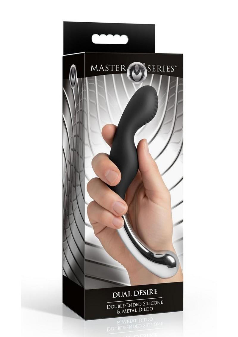 Master Series Dual Desire Dual-Ended Silicone and Metal Dildo - Black/Silver