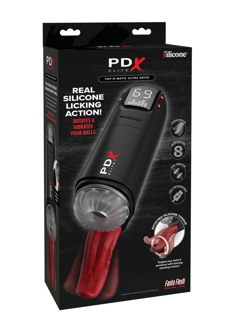 Pdx Elite Fap-O-Matic Ultra Drive Rechargeable Masturbator with Tongue - Red/Vanilla