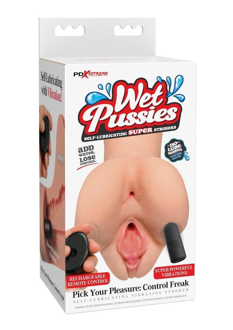 Pdx Extreme Wet Pussies Pick Your Pleasure Control Freak Self Lubricating Vibrating Stroker with Remote - Pussy/Ass - Vanilla