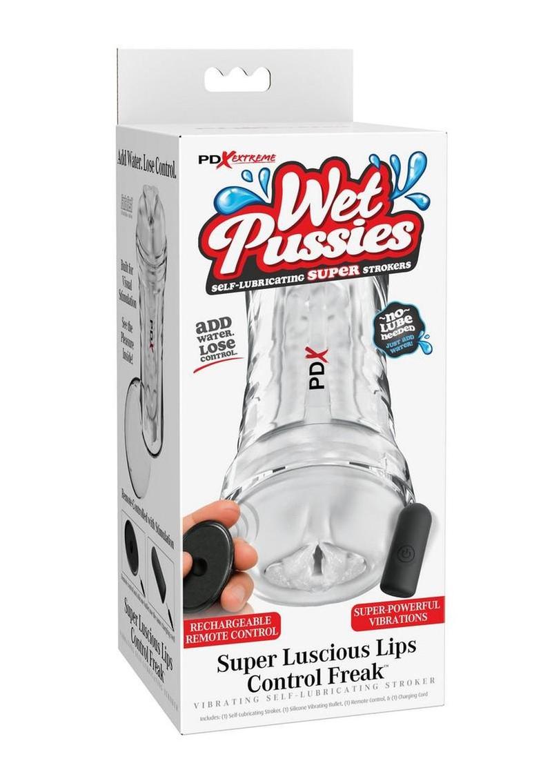 Pdx Extreme Wet Pussies Super Luscious Lips Control Freak Self Lubricating Vibrating Stroker with Remote - Pussy - Clear/Frost
