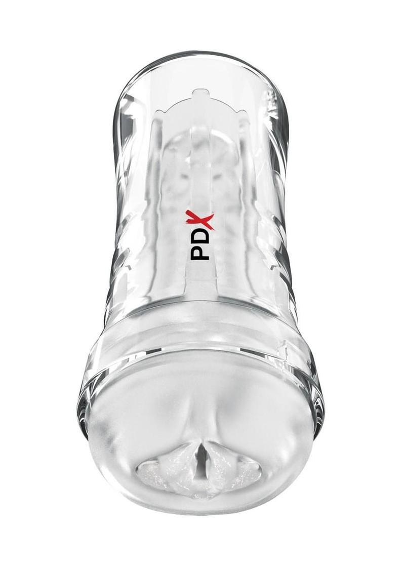 Pdx Extreme Wet Pussies Super Luscious Lips Control Freak Self Lubricating Vibrating Stroker with Remote - Pussy - Clear/Frost