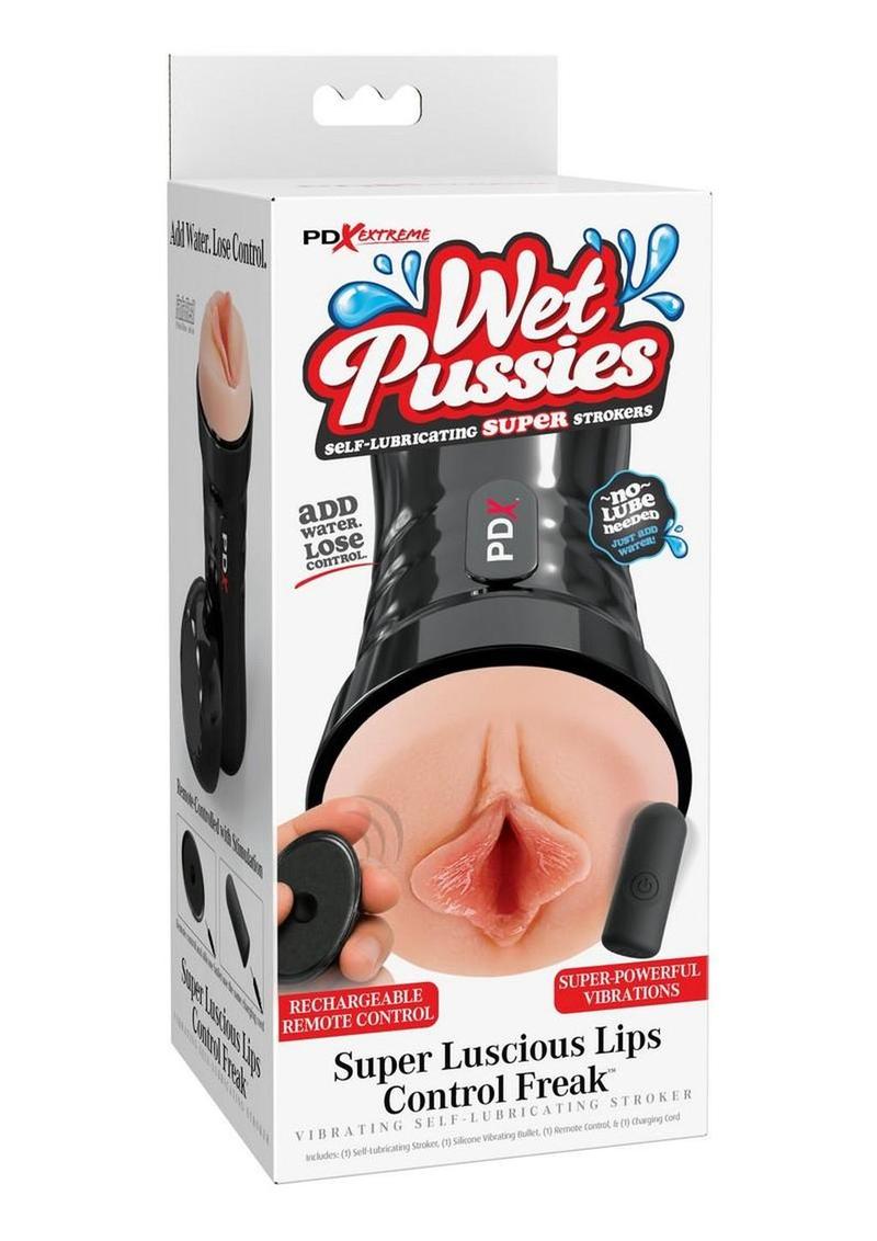 Pdx Extreme Wet Pussies Super Luscious Lips Control Freak Self Lubricating Vibrating Stroker with Remote - Pussy - Vanilla