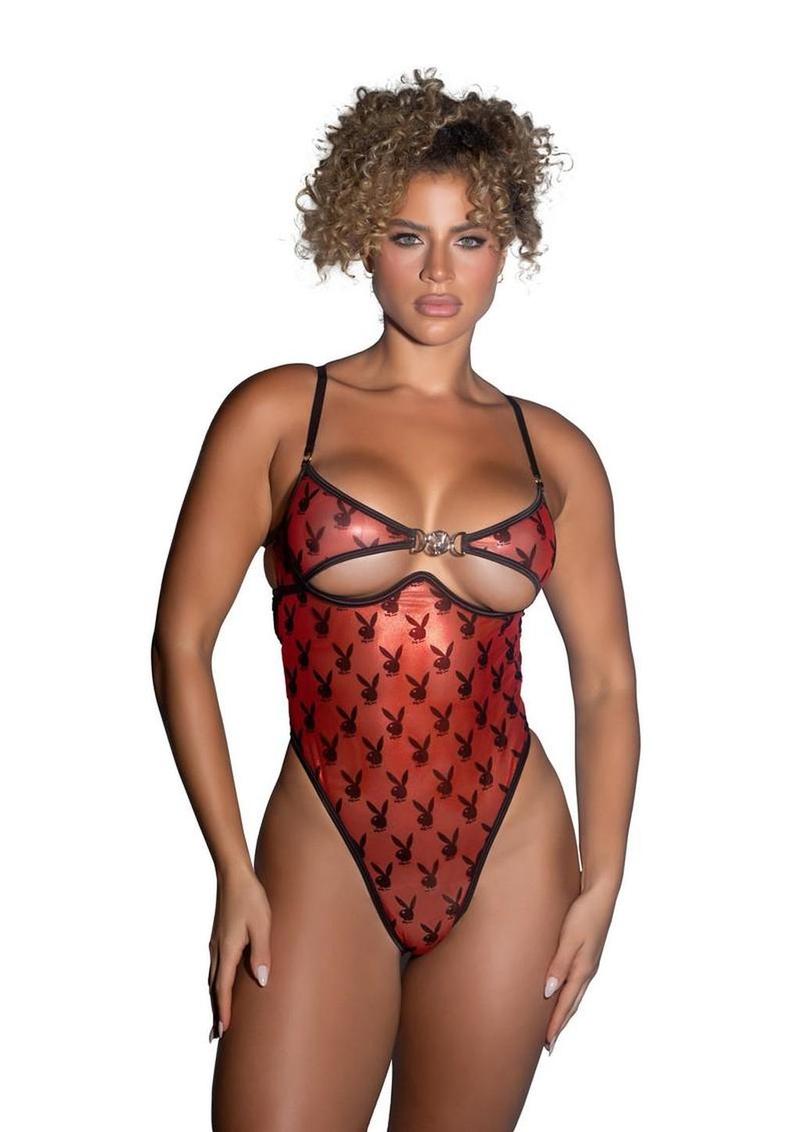 Playboy Shimmer Bunny Teddy - Black/Red - Large