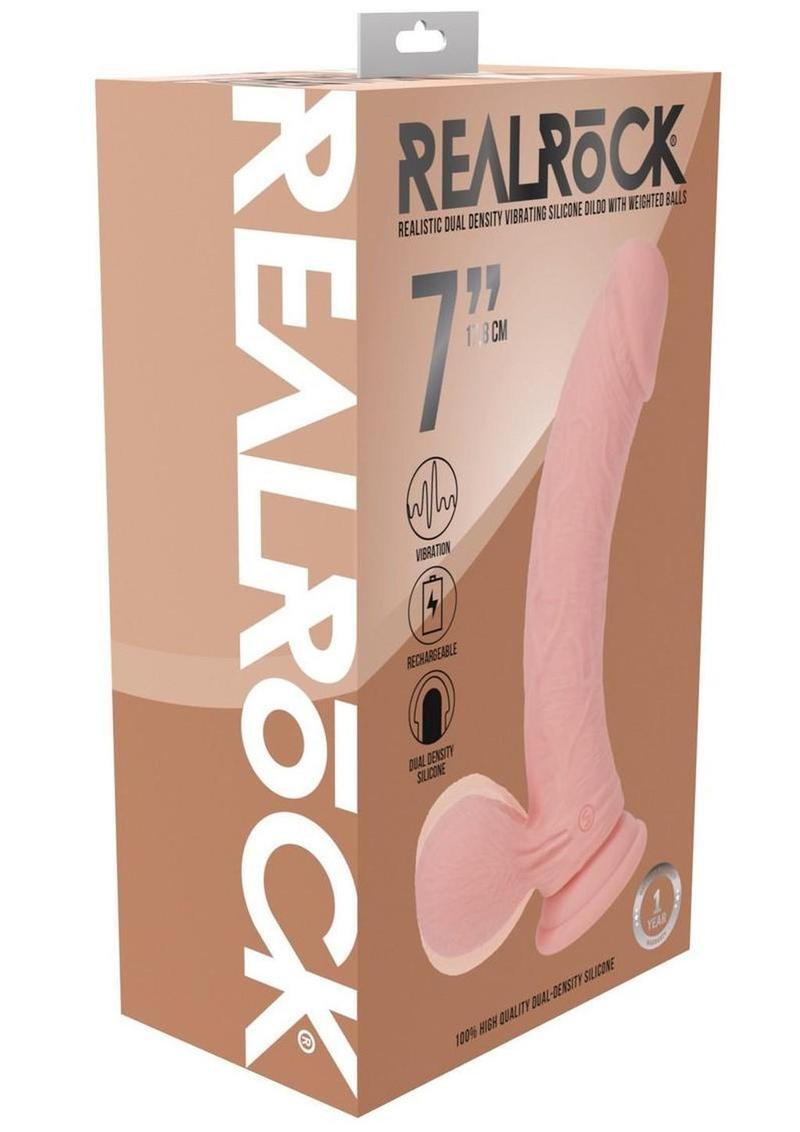Realrock Rechargeable Silicone Dual Layered Vibrating Curved Dildo with Weighted Balls - Vanilla - 7in