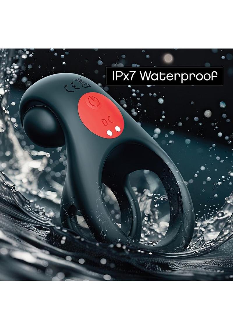 Red Dot Silicone Rechargeable Vibrating Cock Ring with Controller V2 - Black/Red