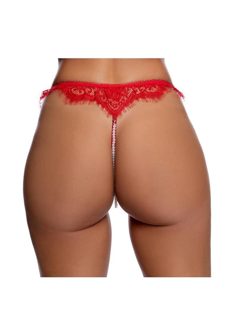 Playboy Heart Lacey Pearl Crotchless Panty - Os - Red