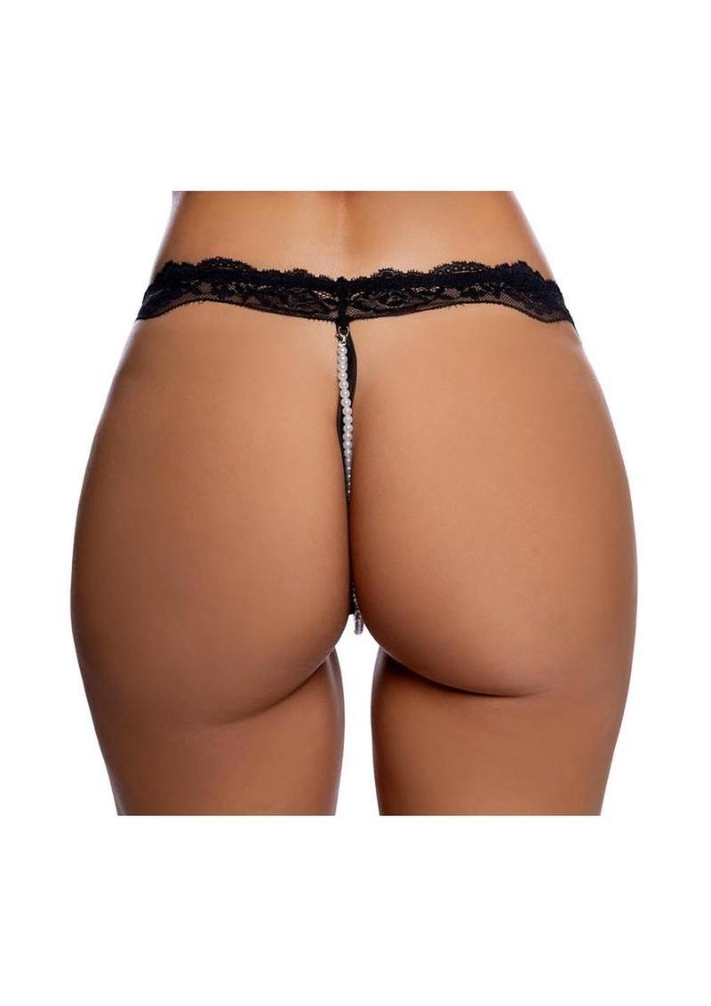 Playboy Lacey Pearl Crotchless Panty - Os - Black