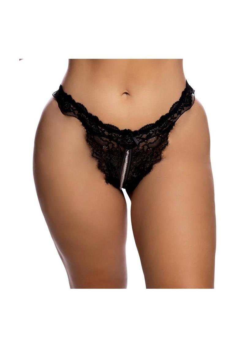 Playboy Lacey Pearl Crotchless Panty - Plus - Black