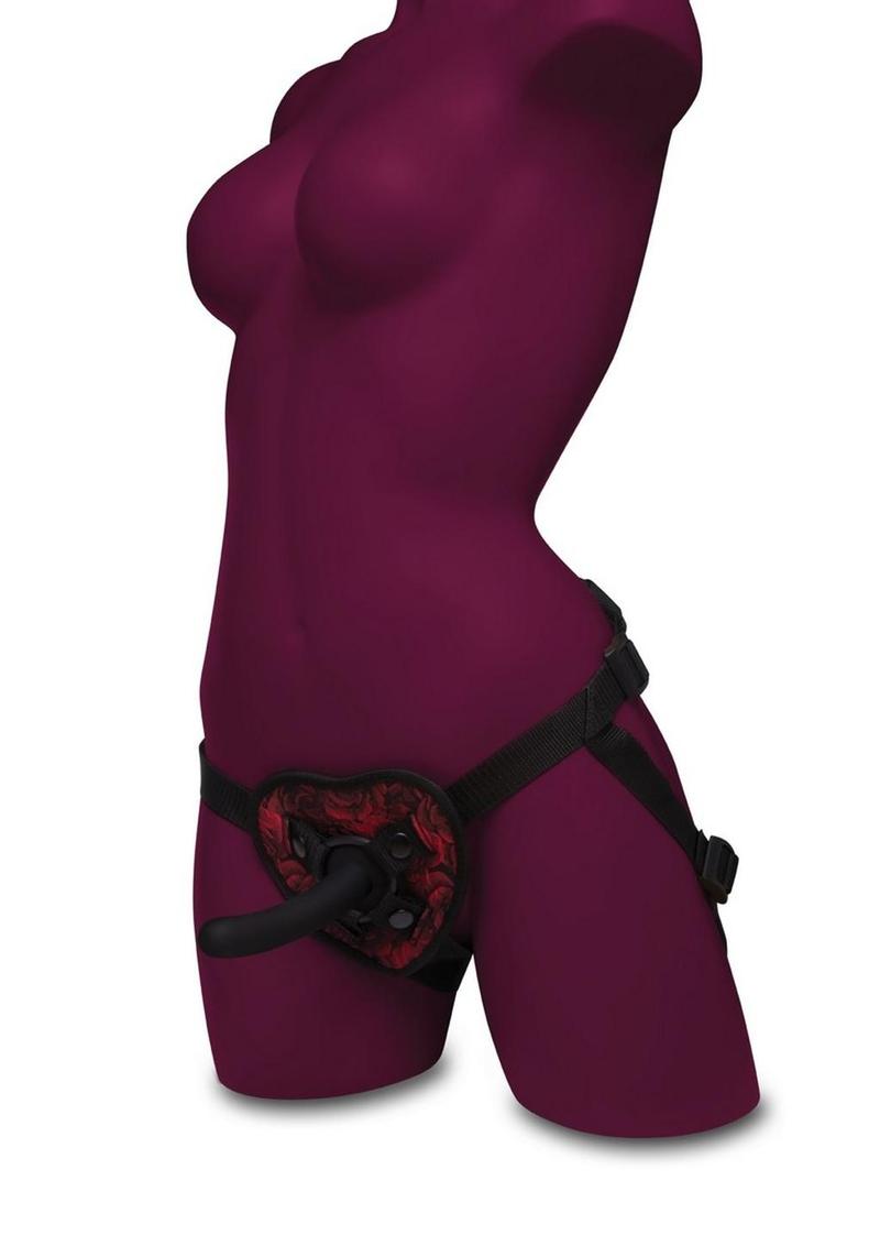 Secret Kisses Rosegasm Strap-On Harness with G-Spot Dildo and Blindfold - Black/Red