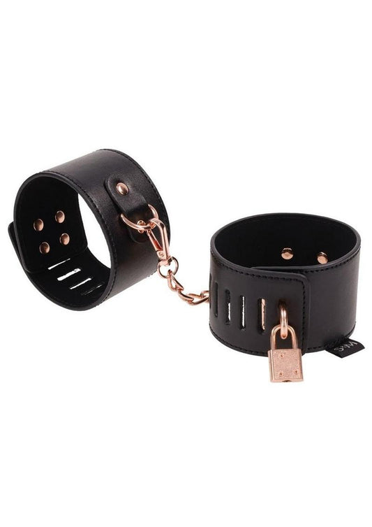 Sex and Mischief Brat Locking Cuffs - Black/Rose Gold