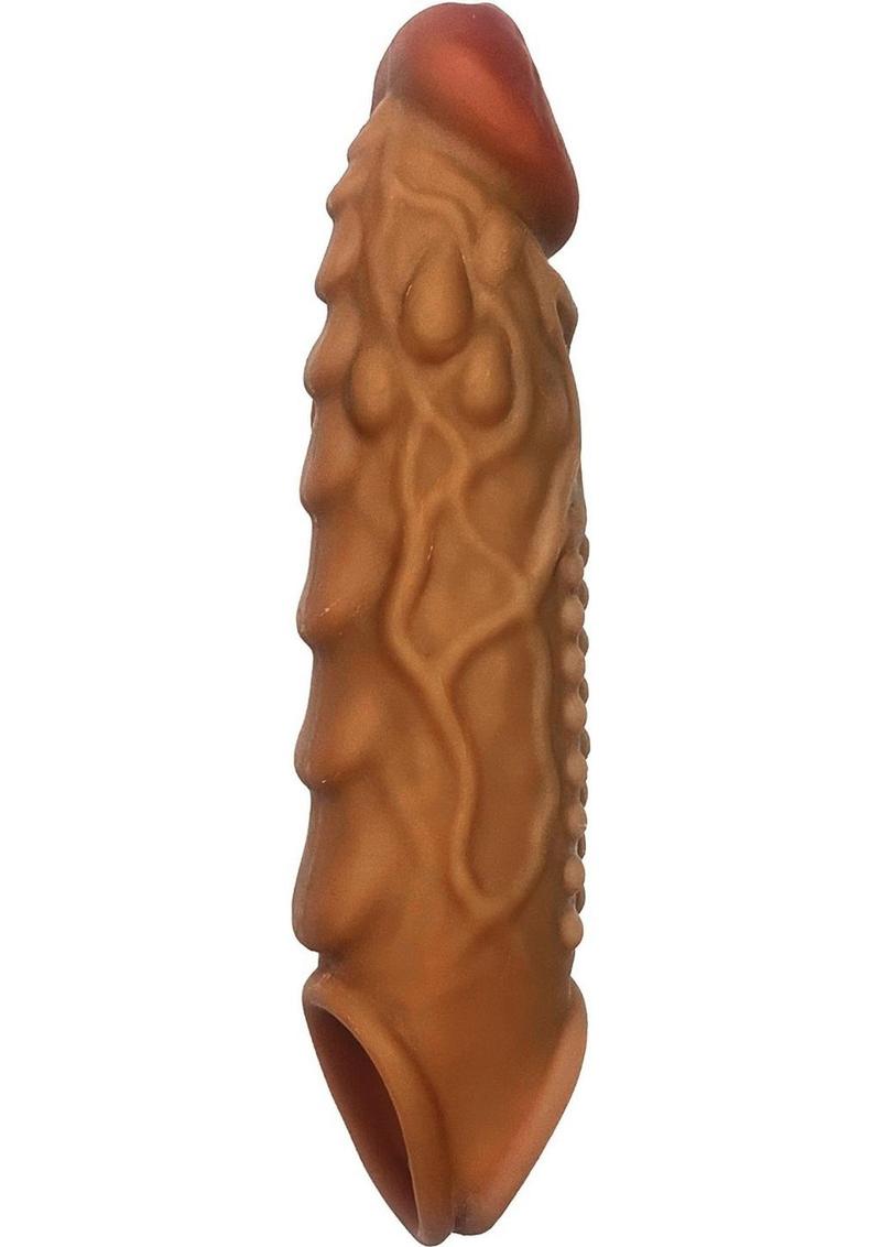 Skinsations Bump and Grind Silicone Penis Sleeve with Scrotum Strap - Caramel