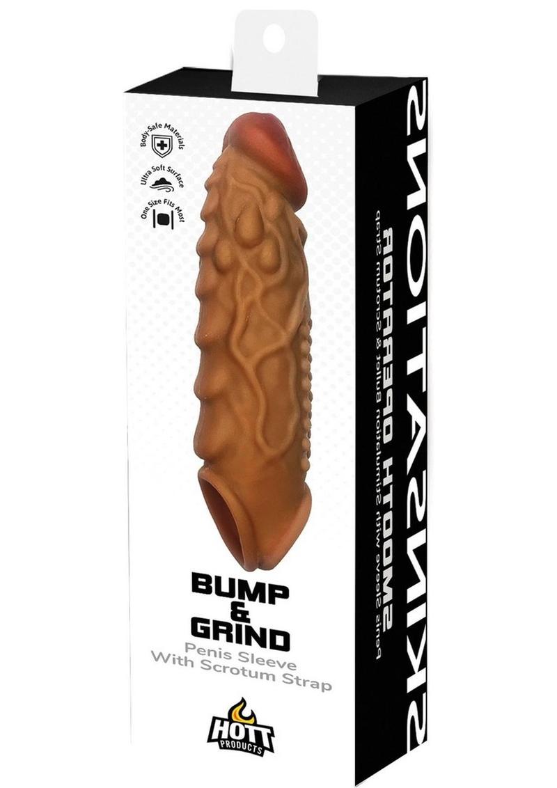 Skinsations Bump and Grind Silicone Penis Sleeve with Scrotum Strap - Caramel