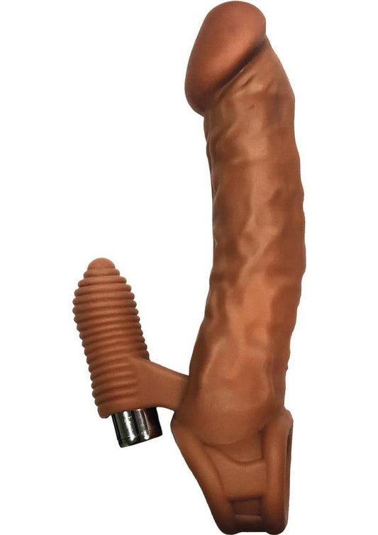Skinsations Smooth Operator Rechargeable Silicone Penis Sleeve with Stimulation Bullet and Scrotum Strap - Caramel
