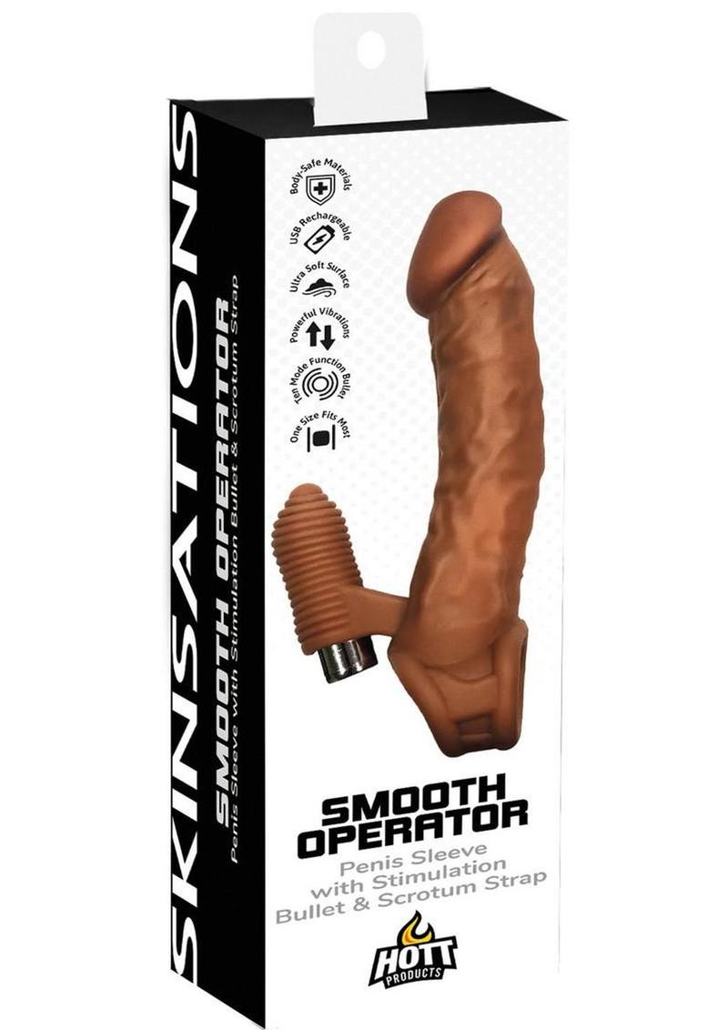 Skinsations Smooth Operator Rechargeable Silicone Penis Sleeve with Stimulation Bullet and Scrotum Strap - Caramel