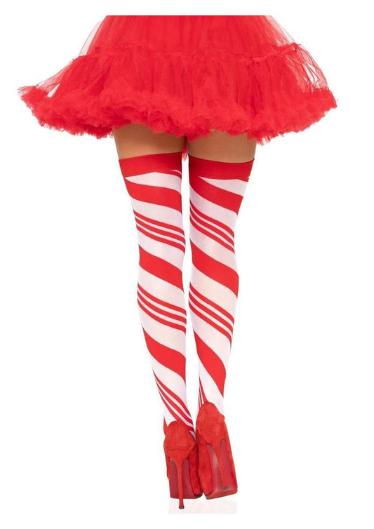 Spandex Sheer Candy Cane Striped Thigh Highs - Red/White - One Size