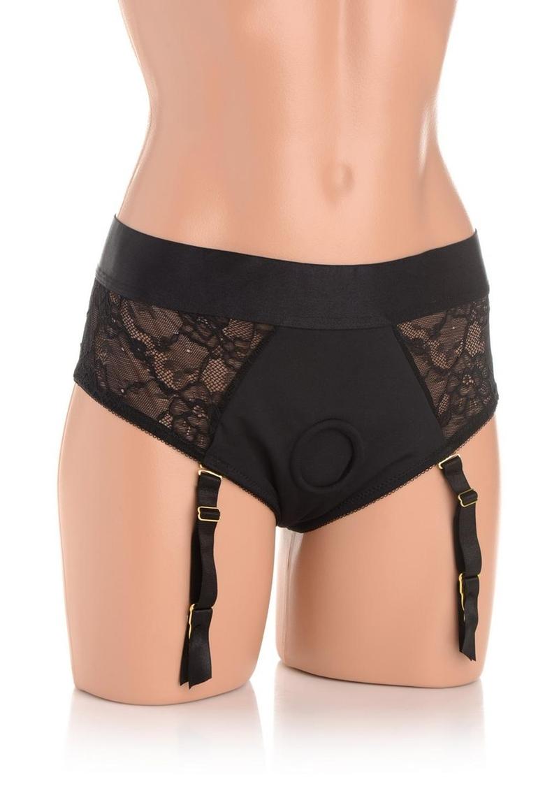 Strap U Laced Seductress Lace Crotchless Panty Harness with Garter Straps - Black - 3XLarge/XXLarge