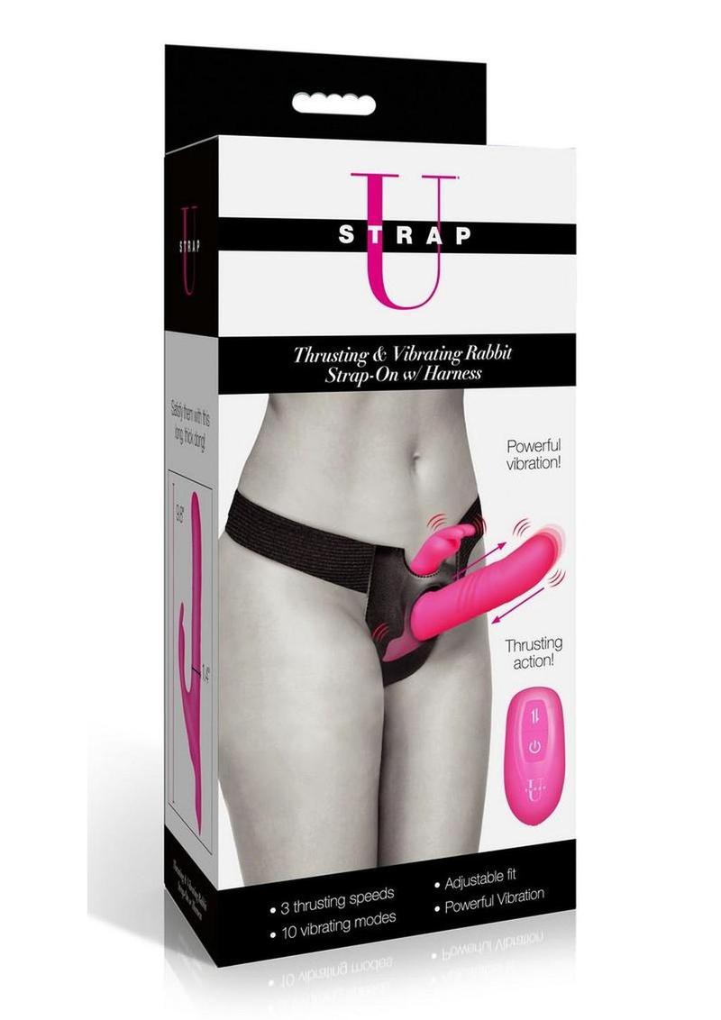 Strap U Thrusting and Vibrating Silicone Rechargeable Rabbit Strap-On with Harness - Black/Pink