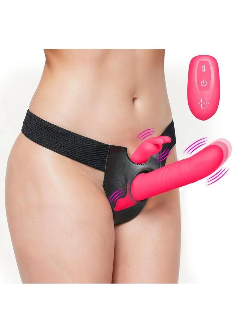Strap U Thrusting and Vibrating Silicone Rechargeable Rabbit Strap-On with Harness - Black/Pink