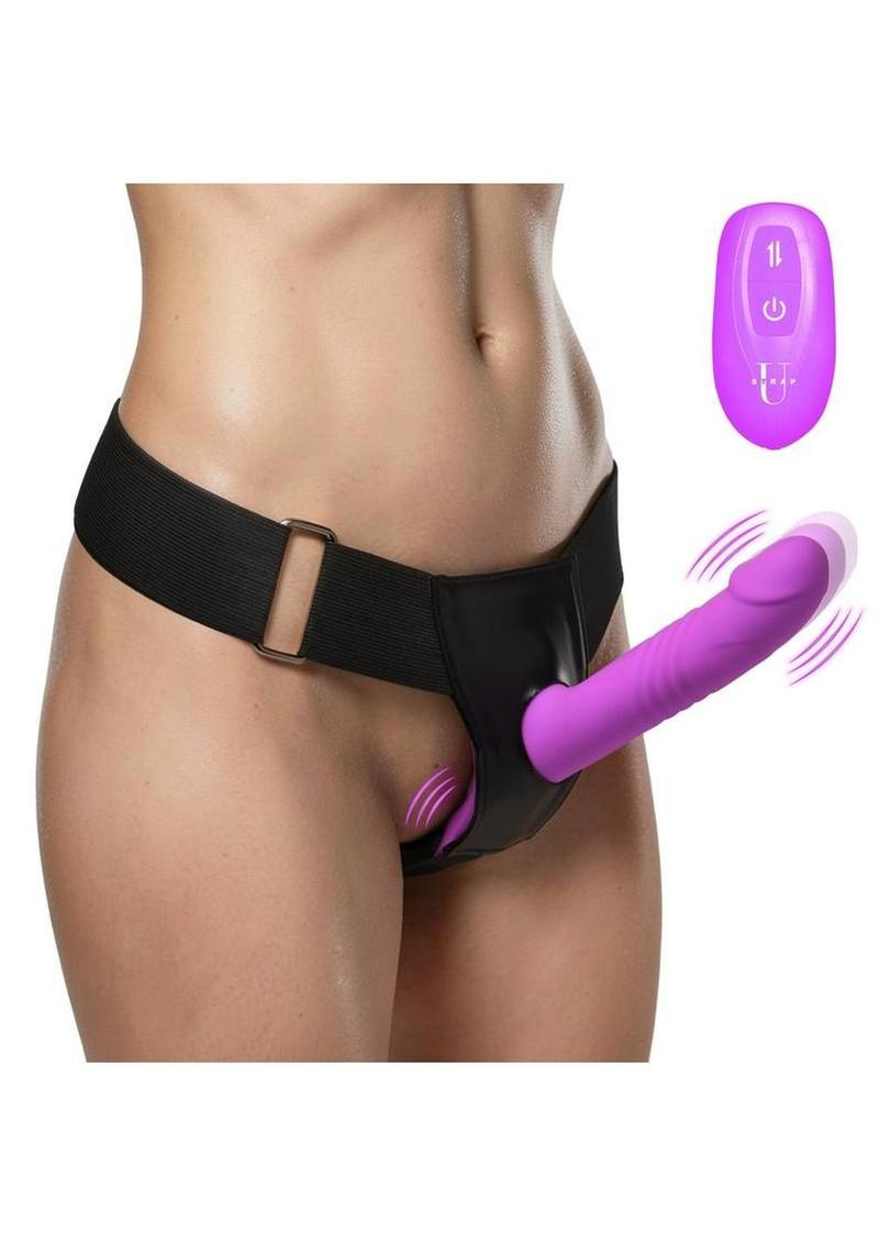 Strap U Thrusting and Vibrating Silicone Rechargeable Strap-On Harness with Remote - Black/Purple