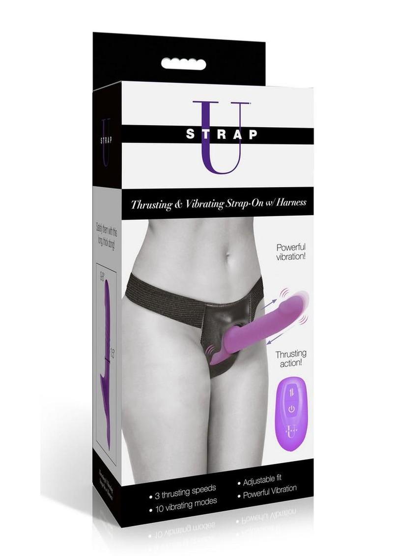 Strap U Thrusting and Vibrating Silicone Rechargeable Strap-On Harness with Remote - Black/Purple