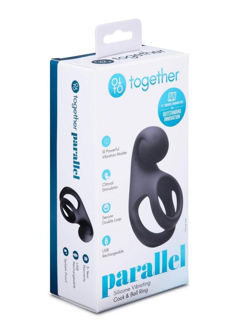 Together Parallel Silicone Rechargeable Cock and Ball Ring - Black