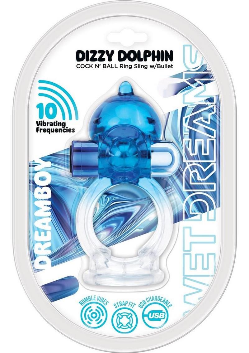 Wet Dreams Dreamboy Dizzy Dolphin Rechargeable Silicone Jelly Cock N Ball Sling with Bullet - Blue/Clear