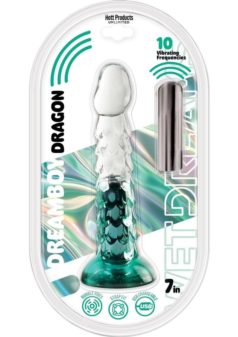 Wet Dreams Dreamboy Dragon Jelly Vibrating Dildo with Sleeve - Aqua/Clear - 7in