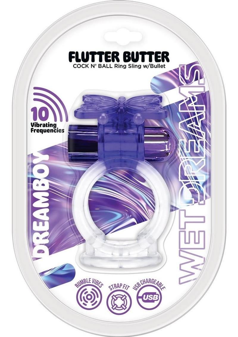 Wet Dreams Dreamboy Flutter Butter Rechargeable Silicone Jelly Cock N Ball Sling with Bullet - Clear/Purple