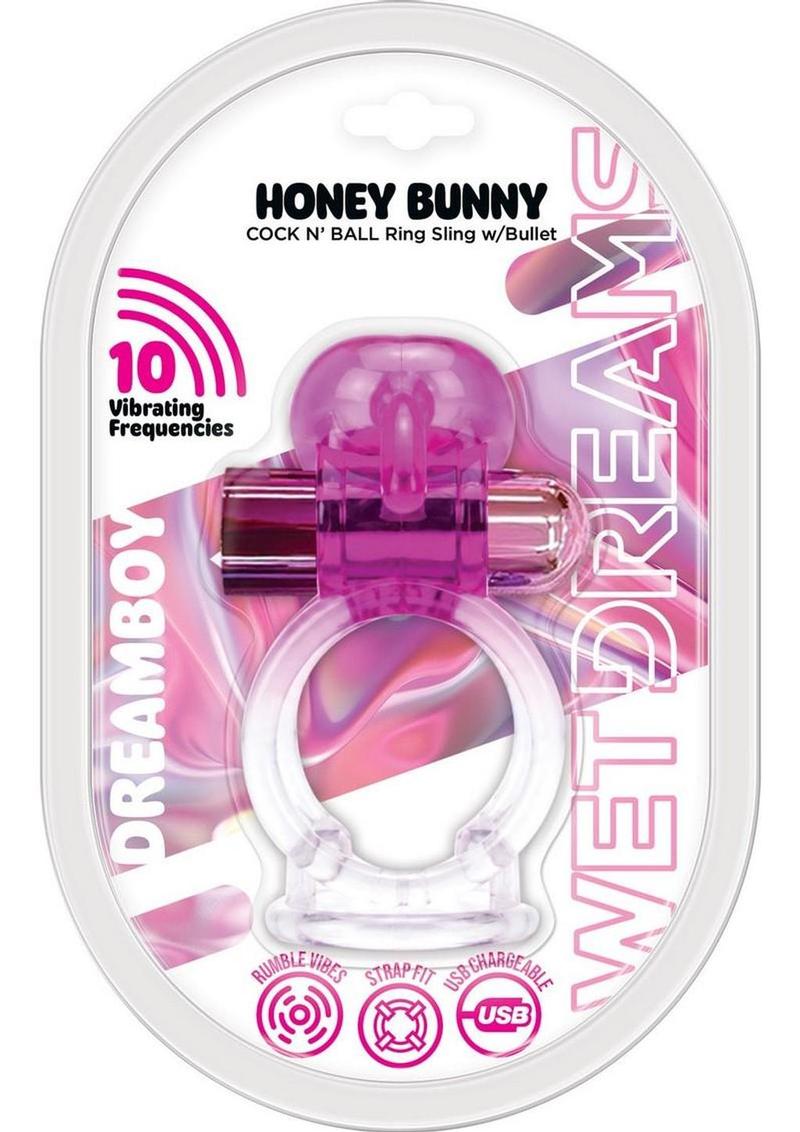 Wet Dreams Dreamboy Honey Bunny Rechargeable Silicone Jelly Cock N Ball Sling with Bullet - Clear/Magenta