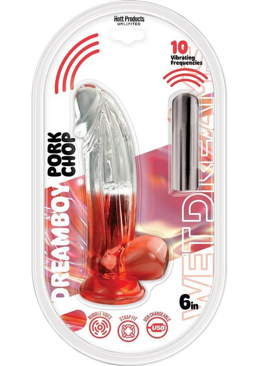 Wet Dreams Dreamboy Pork Chop Silicone Jelly Rechargeable Vibrating Dildo with Balls - Clear/Red - 6in