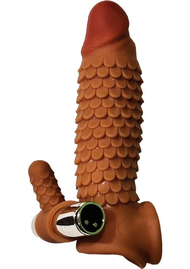Wicked Sensation Rechargeable Silicone Textured Penis Sleeve with Stimulation Bullet and Scrotum Strap - Caramel - 7in