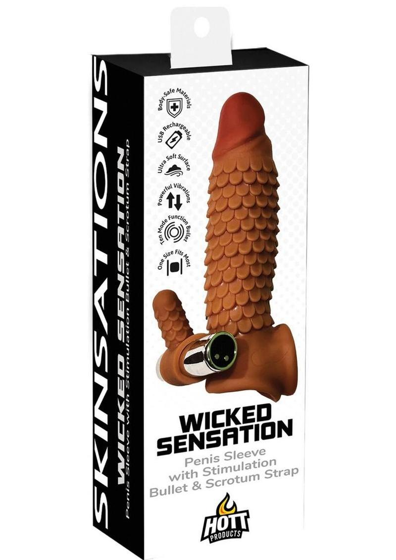 Wicked Sensation Rechargeable Silicone Textured Penis Sleeve with Stimulation Bullet and Scrotum Strap - Caramel - 7in