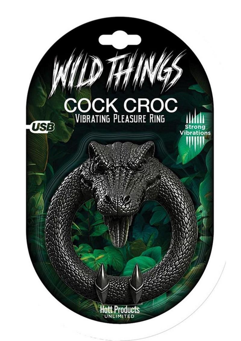 Wild Things Animal Rings Cock Crock Rechargeable Silicone Vibrating Cock Ring - Black/Green