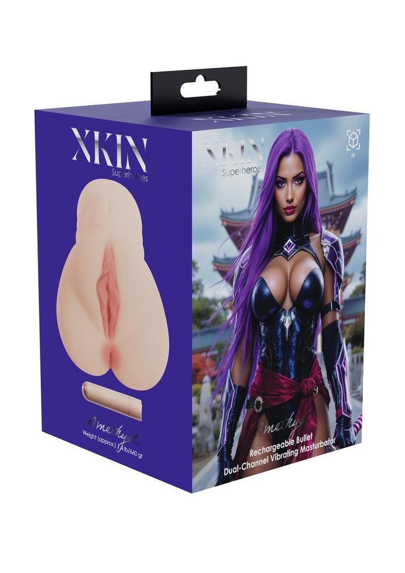Xkin Amethyst Dual Channel Superhero Masturbator with Vibrating Bullet - Pussy/Ass - Caramel