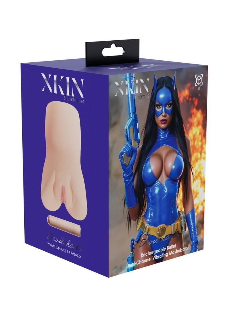 Xkin Devilshade Dual Channel Superhero Masturbator with Vibrating Bullet - Pussy/Ass - Caramel