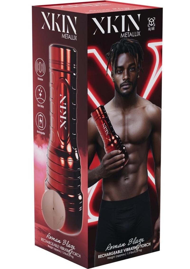 Xkin Roman Blaze Rechargeable Vibrating Torch Masturbator - Male Ass - Metallic - Red/Vanilla