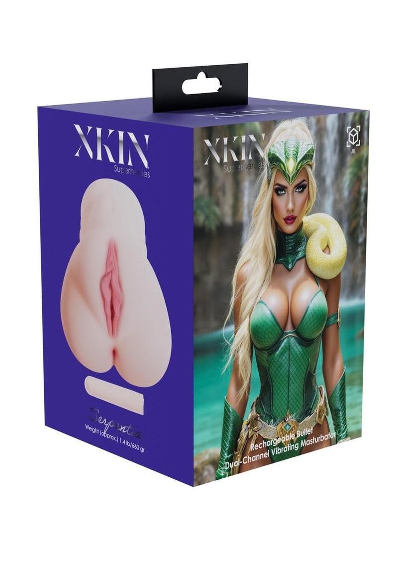 Xkin Serpentia Dual Channel Superhero Masturbator with Rechargeable Vibrating Bullet - Pussy/Ass - Vanilla