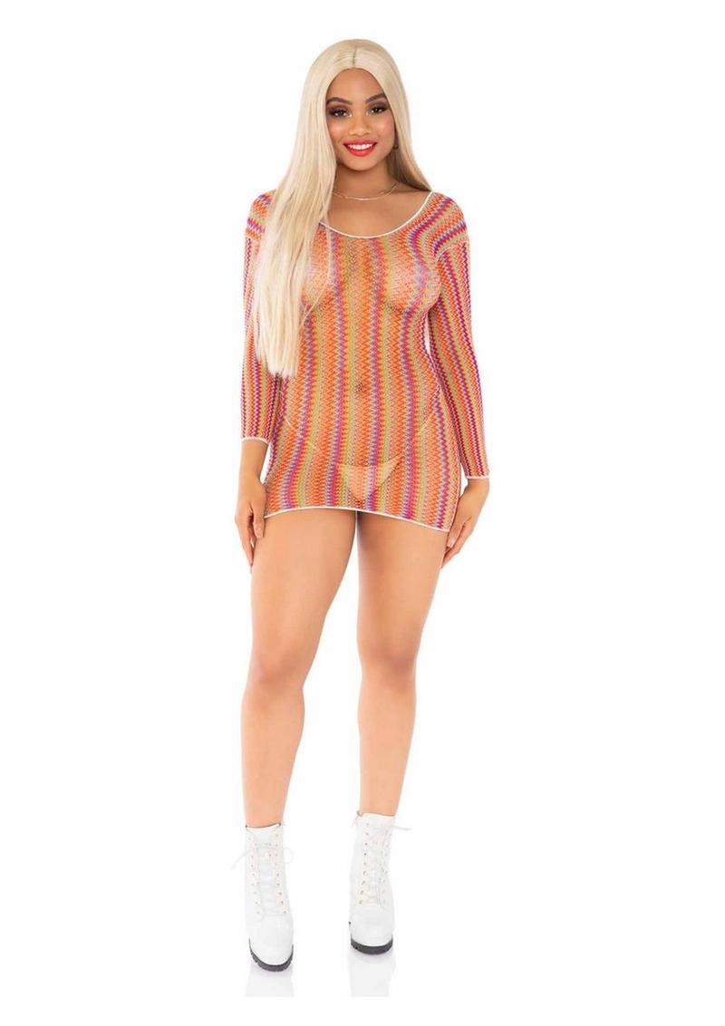 Zig Zag Rainbow Net Long Sleeve Mini Dress - Multicolor - One Size